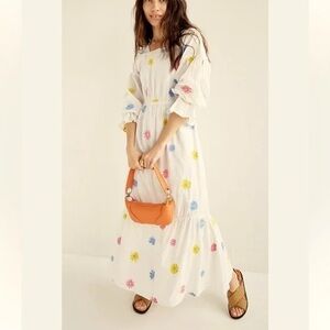 Something Navy Rainbow Multi Flower Embroidered Tiered Long Sleeve‎ Maxi Dres